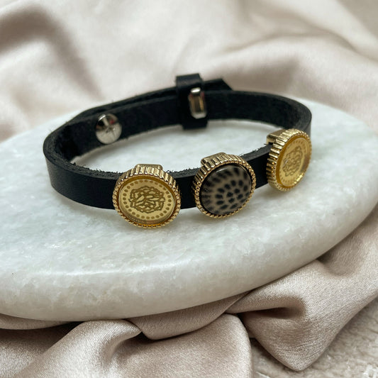 Lederen armband geboortebloem panter (zwart)