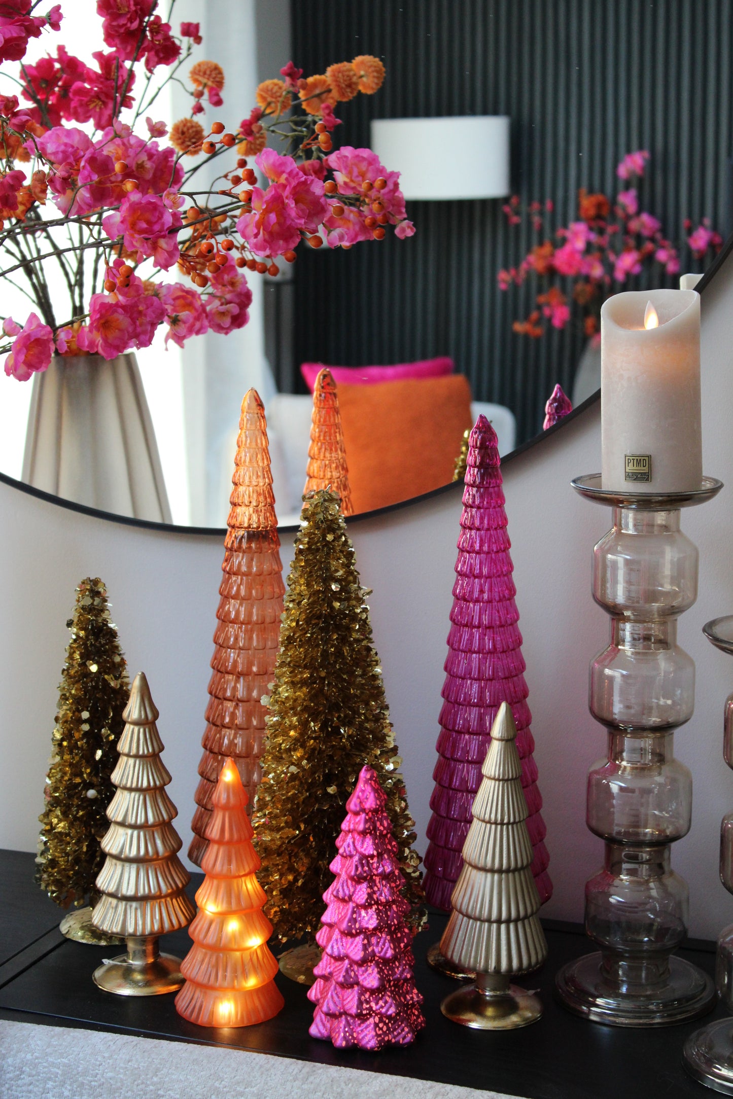 KERSTBOOM SET VAN 3 | ORANJE/FUCHSIA  | LED | GLAS