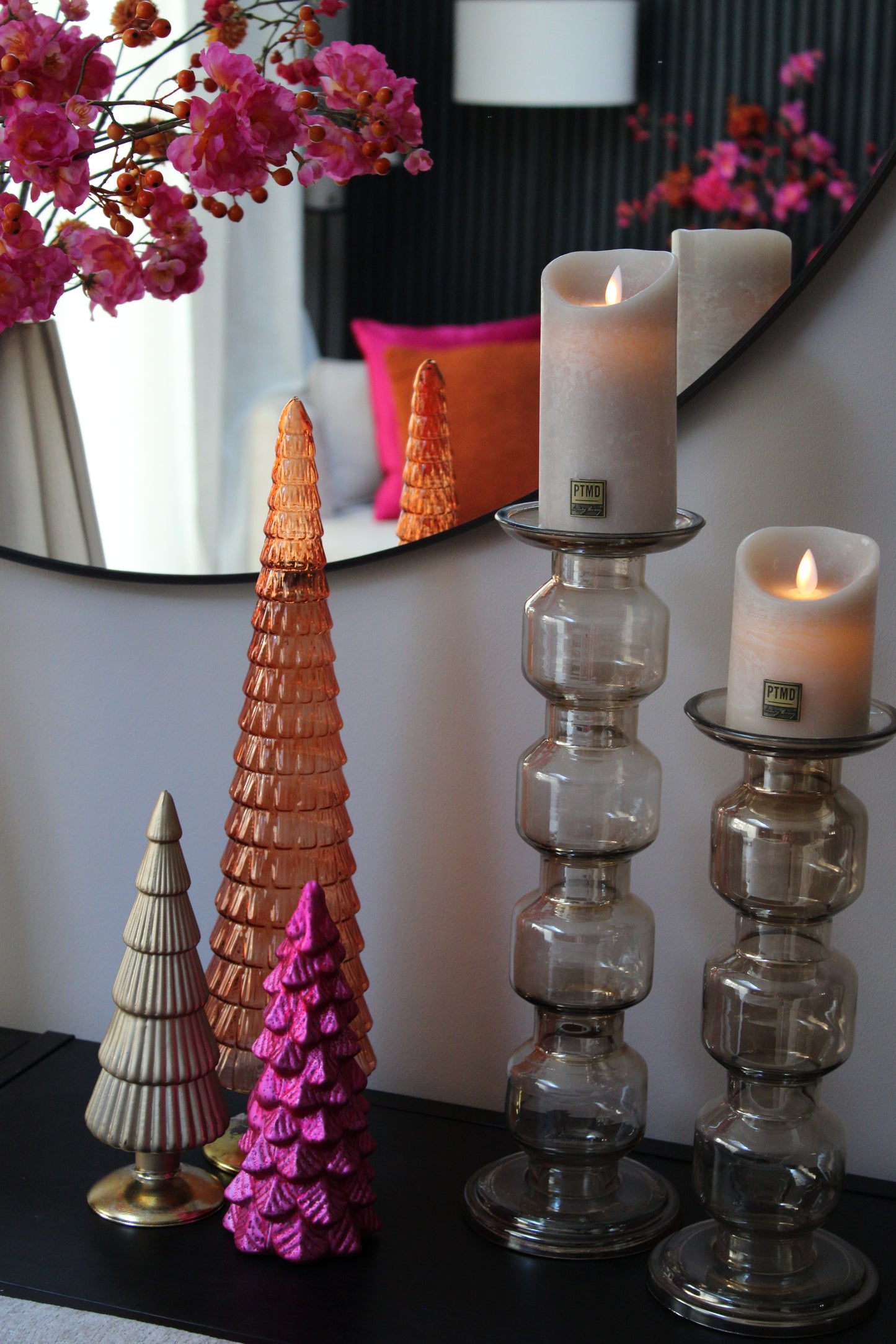KERSTBOOM SET VAN 3 | ORANJE/FUCHSIA  | LED | GLAS
